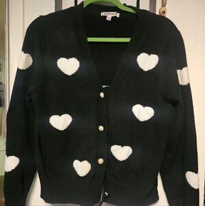 Nanette Black Sweater with White Heart And Pearl Buttons Large